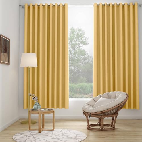 Image of Wakefit Solid Blackout Door Curtains 7 Feet | Set of 2 | Upto 80% Room Darkening Faux Silk Drapes | Thermal Insulated & Noise Reducing Curtains for Living Room & Home Dcor | Bishop Yellow