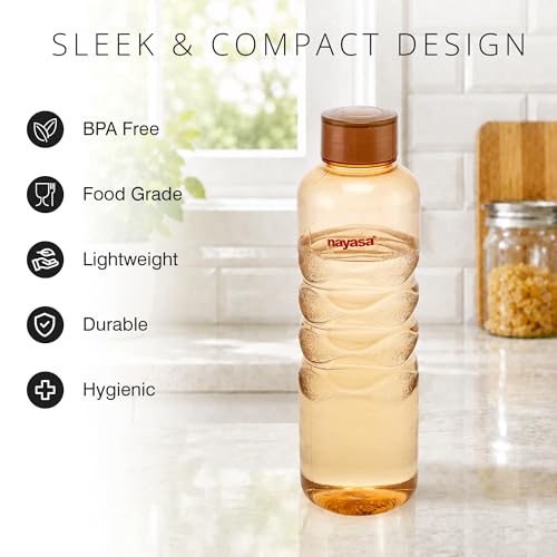 Image of Nayasa Revello 1000 ML Pet Plastic Fridge Water Bottles Set of 6 | BPA Free | Leak Proof | Airtight Lid | Brown