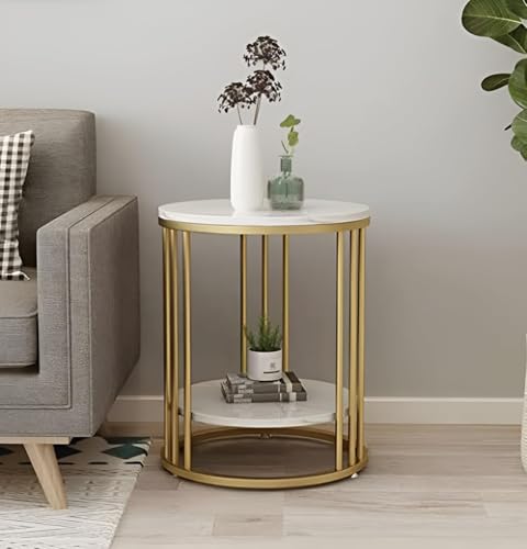Image of Coffee Table /End Table /Center Table /Corner Table /Sofa Side Table /BedsideTable /nightstand for Living Room Bedroom Balcony Table with Marble Design Wooden Top Golden