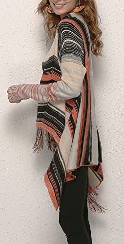 Image of Women's Open Front Knited Tassels Slash Loose Cardigan Crew Neck Speckled Fringe Sweater Outwear