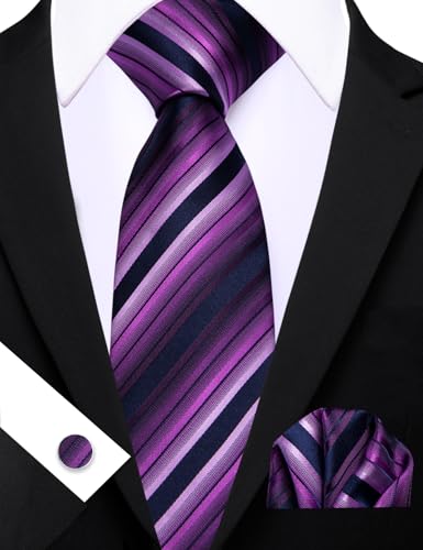 Image of Barry.Wang Man Stripe Ties Set Silk Woven Pocket Square Necktie Cufflinks Formal Party Business