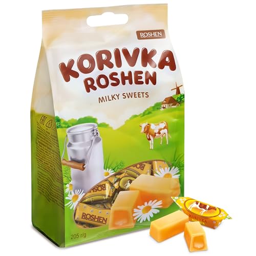 Roshen Korivka Milk Fudge Candy, 13.33oz (378g), Approx. 14 Pieces, Ukrainian Non-Glazed Dairy Fudge with Sugary Crust & Creamy Liquid Filling, Individually Wrapped - Pack of 1