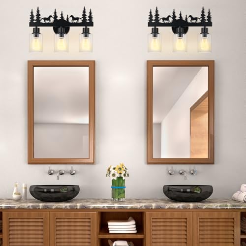 Image of Rustic Bathroom Light Fixtures,Farmhouse Vanity Light,Horse Style | 3-light Clear Glass lamp,Farmhouse rustic style, Black Wall Lighting for Bathroom,Hallway,Kitchen,Porchn