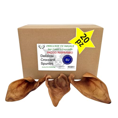 ARTISAN GIFT CO Snack Naturali Essiccati - Orecchie di maiale per cani – confezione risparmio 20 pz - peso del pacchetto da circa 650 a 700 g
