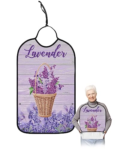 Kewadony Adult Bibs for Elderly Women - Lavender Basket Waterproof Dining Clothing Protectors with Crumb Catcher for Eating/Feeding, Spring Purple Florals on Vintage Wood Terry Cloth Bib Washable