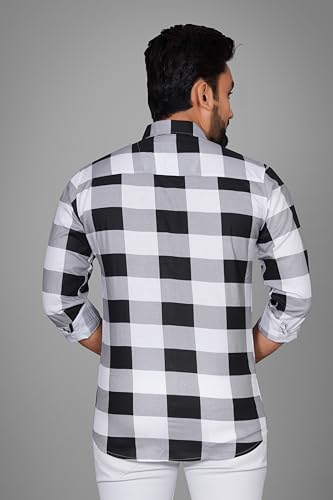 Image of Voroxy Men's Casual Checks Shirt with Pockets Cotton Blend Stylish Branded Checkered Pattern Formal Shirt & Regular Fit Full Sleeves and Spread Collar Style