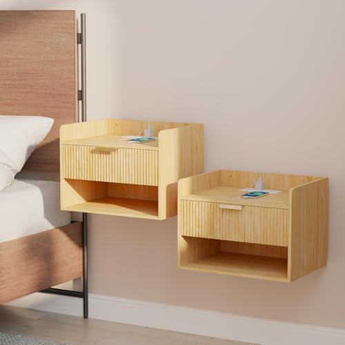 Arbuxzuy Floating Nightstand Set of 2 with Charging Station, Modern Wall Mounted Bedside Table with Drawer & Open Shelf, Made of Minimalist Wood for Bedroom (Light Brown)