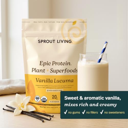 Image of Sprout Living Epic Protein, Plant Based Protein & Superfoods Powder, Vanilla Lucuma Powder | 20 Grams Organic Protein Powder, Vegan, Non Dairy, Non-GMO, Gluten Free, Low Sugar (1 Pound, 12 Servings)