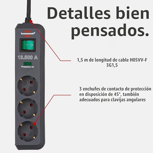Miniatura 4 de Brennenstuhl Eco-Line Regleta De Enchufes Con 3 Tomas De Corriente Y Protección Contra Sobretensiones Cable De 1,5m, Interruptor Iluminado, Protección Sobretensión Hasta 13.500a Antracita
