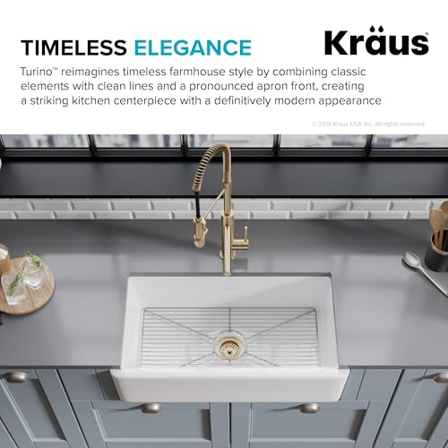 KRAUS KFR1-33GWH Turino Reversible 33-inch Fireclay Farmhouse Flat Apron Front Single Bowl Kitchen Sink with Bottom Grid in Gloss White - image 3