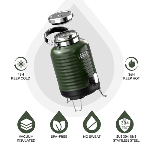 Image of IDEUS Insulated Beverage Dispenser, All-in-one for Camping Vacuum Double-Wall Stainless Steel Water Cooler Coffee Carafe Jug Leakproof Drink Container with Handle, Spigot & Stand (Green, 1,4gal)