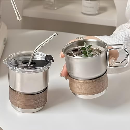 Image of Thermal Insulated Outdoor Coffee Cup Set with Handle & Straw & Lid, Stainless Steel Coffee Cups with Straws, Reusable & Stackable Stainless Steel Cup for Coffee, Tea, Milk (300ML, Pack of 1)