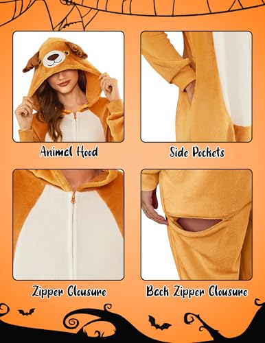 Ekouaer Tier Jumpsuit Kostüm mit Reißverschluss & Kapuzen Fleece Onesie Schlafanzug Fasching Halloween Cosplay Karneval Einteiler (Herren, Damen, Unisex) Rentier, L