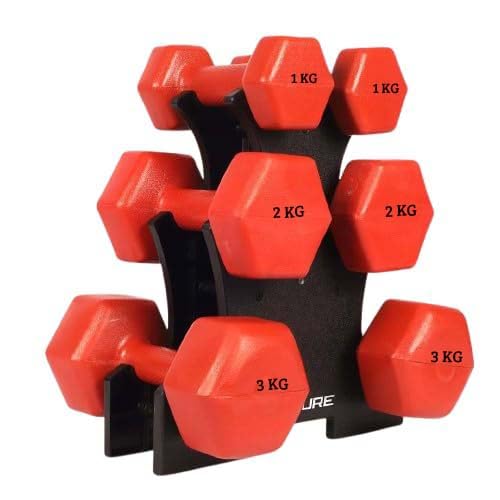 De Jure Fitness Dumbbell Set with Rack – 1kg, 2kg & 3kg PVC Dumbbells (3 Pairs) with Compact Stand | Home Gym Weights for Strength Training, Exercise & Space-Saving Storage