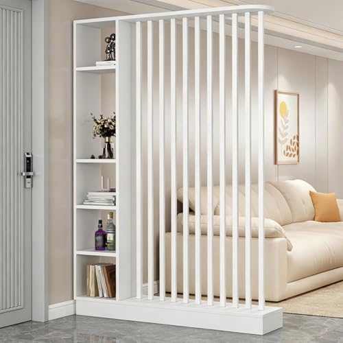 Separador de Ambientes de Listones de Tablero Ecológico de Madera Maciza con Estantes, Mampara Vertical de Privacidad para la Entrada de la Sala de Estar(White+White,140cm/55.1in)