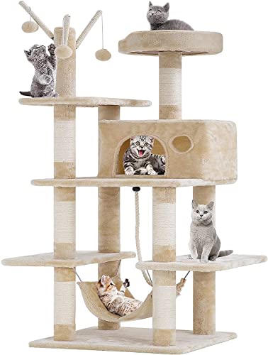 BestPet Medium Cat Tree Cat Tower Cat Condo Cat Activity Tree Playground Cage Kitten Multi-Level 64 inches Play House Scratching Post Furniture with Hammock,Beige