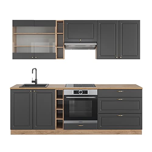 Vicco Küchenzeile Fame-Line, Anthrazit Landhaus/Goldkraft Eiche, 235 cm ohne Arbeitsplatte, zur individuellen Erweiterung mit kompatiblen Modulen