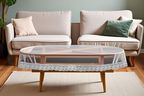 Image of The Furnishing Tree Oval Shaped Transparent Center Table Cover WxL 45x70 inches 0.25 mm Thickness with Silver Lace