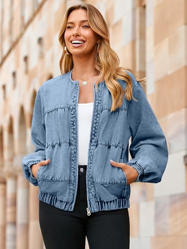 Glamaker Womens Denim Bomber Jacket Trendy Casual Zip Up Crew Neck Long Sleeve Loose Fit Jean Jacket Fall Outfits3