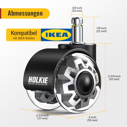 HOLKIE Bürostuhl Rollen 10mm geeignet für 1KEA 5er Set GrauGummi Rollen für Bürostühle Schreibtischstuh mit Doppelrädern Stuhlrollen für Parkett Geeignet Harte Böden Leises & Sanftes Gleiten