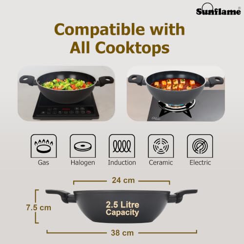Image of Sunflame Ceramic Non-Stick Kadhai 24 cm with Glass Lid | No PFOA, PFAS, PTFE | Induction and Gas Stove Compatible | 2 Year Warranty by Sunflame | Requires Less Oil, Easy to Clean, Prevents Burning
