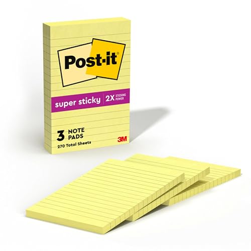Image of Post-it Super Sticky Notes, 4 in x 6 in, Canary Yellow, Lined, 3 Pads /Pack, 90 Sheets /Pad (660-3SSCY) | School Supplies and Office Supplies, 2X the Sticking Power