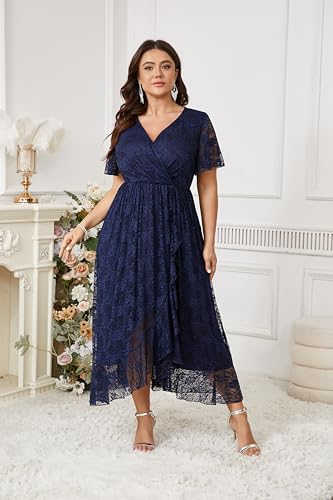 Image of SCOMCHIC Womens Plus Size Wedding Guest Dress Formal Lace Wrap V Neck High Low Short Sleeve Cocktail Maxi Dresses XL-4XL
