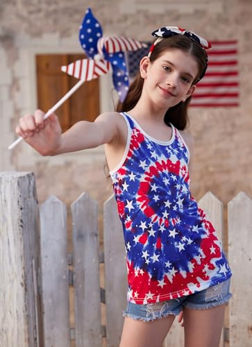 Image of 4th of July Girls Flag Tank Top Back Bow Sleeveless Patriotic Holidays T-Shirt 4-14 Years