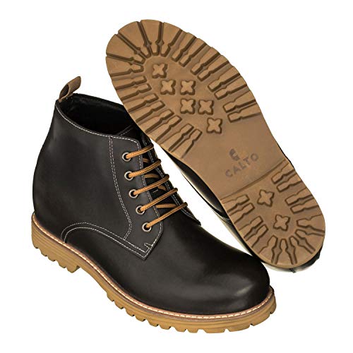 Image of CALTO Men's Invisible Height Increasing Elevator Shoes - Black Premium Leather Lace-up Round-toe Work Boots - 3.4 Inches Taller - S8750 - Size 8 D(M) US
