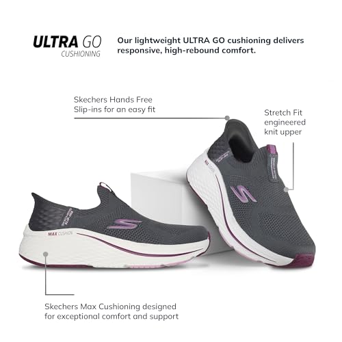 Skechers Women's Max Cushioning Elite 2.0 Eternal Hands Free Slip-ins Sneaker, Charcoal/Burgundy, 5