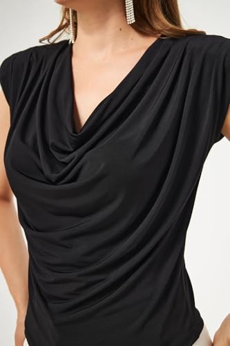 Image of SIGHTBOMB Ultra Soft Afford LUX Edition Draped Cowl Neck FRONTFLOW Gathered Ruched SOFTLINE Sleeveless TOP for Women