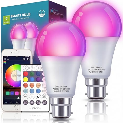 Smart Light Bulbs, Color Changing Light Bulbs Work w/Alexa Google Home, 10W A19 B22 900LM Colored LED Bulb, 2.4GHz Only, 50+ DIY Scenes, App & Voice Control B22 Bayonet Light Bulbs (2)