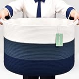 BOSROTY Extra Large Blanket Basket 87L, Laundry Hamper, Baby Nursery Hamper for Storage Toys Clothes Towels, Large Cotton Rope Laundry Basket for Girls Boys, 22”x 14”, White & Cadet Blue & Navy Blue