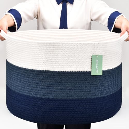 Image of Large Cotton Rope Blanket Basket, 87L Laundry Hamper, White & Blue
