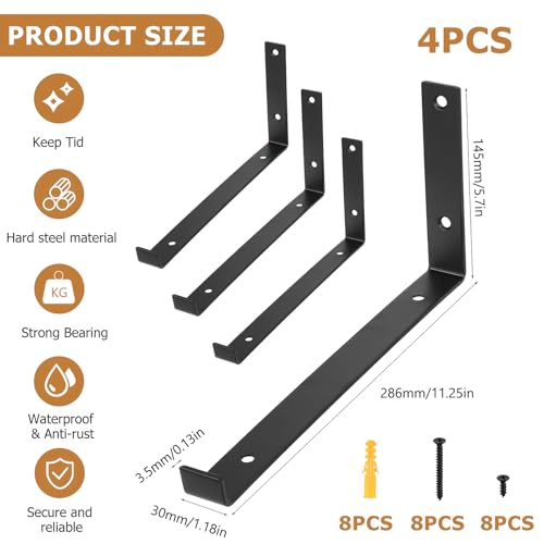 4 Pcs Scaffold Board Shelf Brackets Heavy Duty Shelf Brackets for Shelving Bracket Black Industrial Rustic Metal Wall Brackets with Lips for Scaffold Boards(288 mm/11.34 inch) - Image 2