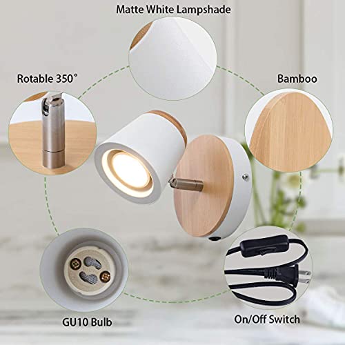 Tehenoo Modern Industrial Plug In Wall Lamp, Mini Bamboo Base Contemporary Rustic Style White Shade Wooden Wall Mounted Sconce Light For Bedroom, Living Room, Cafe #TOP3