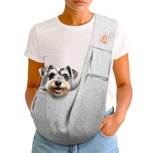 Image of Tomkas Small Dog Cat Sling Carrier Puppy Purse Travel Wrap Soft Crossbody Pet Bag (Grey, M - Zip Pocket & Classic Strap)