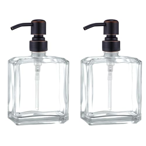 Image of Square Clear Glass Dish Soap Dispenser Set 2 Pack, Oil Rubbed Bronze Refillable Hand Soap Dispenser with Rust Proof Stainless Steel Pump 2 x 13.5 oz Lotion Dispenser for Bathroom Vanity Kitchen