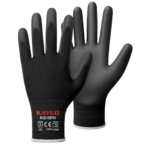 KAYGO Ultra Thin PU Coated Work Gloves, Nylon Knit, KG15P, 12 Pairs