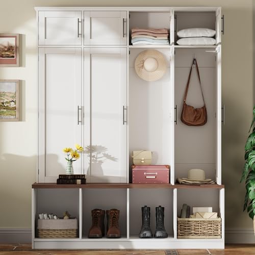 LUMISOL Wide Entryway Hall Tree with Walnut Storage Bench, 75”H Farmhouse Entryway Shoe Cabinet with Open Compartments and 8 Doors, Mudroom Coat Rack with 4 Hidden Hanging Hooks for Hallway, White