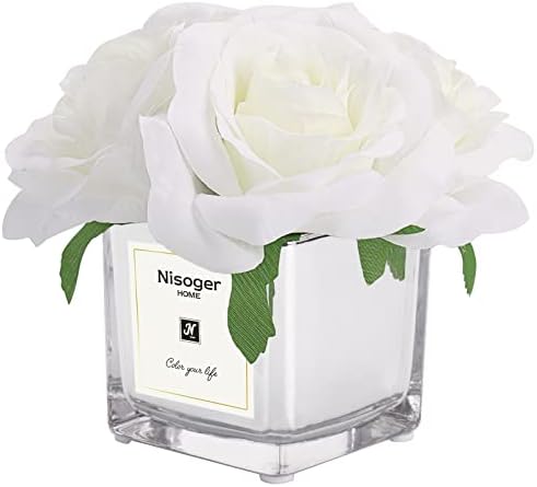 Nisoger Artificial Flowers in Vase, White Silk Rose Faux Flowers in Vase, Fake Flowers with Vase Bouquets Arrangements Home Decoration for Dinning Table Centerpieces Bedroom Bathroom Kitchen, White