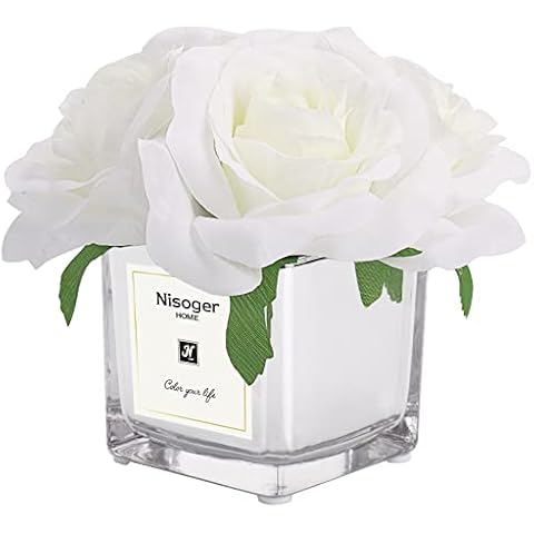 Nisoger Artificial Flowers in Vase, Silk White Rose Artificial Flowers with Vase, Faux Flowers in Mirror Vase for Indoor, Wedding, Home Decor, Office, Table Centerpiece & Party - White Cover