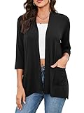 HIYIYEZI 3/4 Sleeve Cardigans for Women Easy to Wear Flowy Open Front Clothing with Side Pockets (Medium, Black)