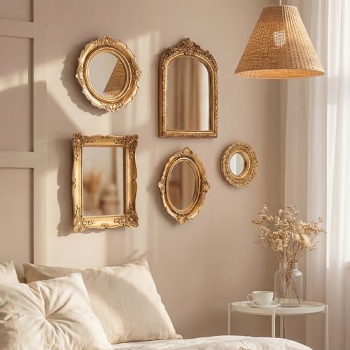 BrightRow 5 Pcs Vintage Gold Mirror Luxury Set Small Gold