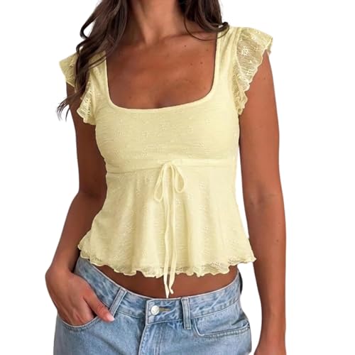 WYFC Lace Tops for Women Babydoll Tank Cap Sleeve Cute Going Out Shirt Yellow S