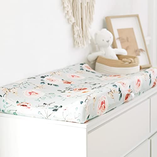 Image of GRSSDER Stretch Ultra Soft Jersey Knit Changing Pad Cover Set 2 Pack, Change Table Pad Covers Fit 32 inch /34 inch x 16 inch Pads Safe and Snug, Stylish Watercolor Flowers and Fruits for Girls