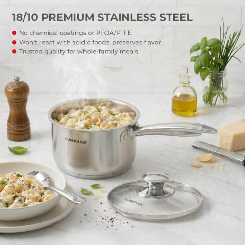 Image of Sunhouse: Stainless Steel Saucepan - Advanced: 2 Quart - Tempered Glass Lid, 18 /10, 3-Ply Bottom, Round-Edge Pot, All Cooktops, Oven-Dishwasher Safe