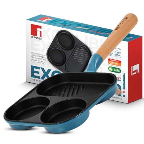 Image of Bergner Excalibur Lightweight Cast Iron 18cm Breakfast Pan, Sturdy Wooden Handle, Non-Stick Coating, PFAS Free, Perfect Heat Distribution, Elegant Design - Induction Compatible (Blue)
