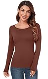 Women's Scoop Neck Tops Long Sleeve Slim Fit T Shirt Thermal Blouse Basic Layer Shirts Coffee Small