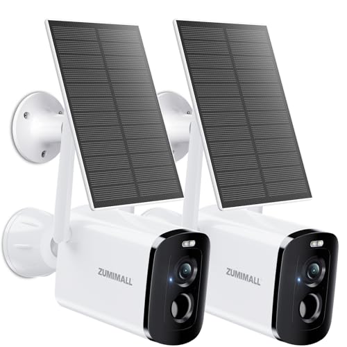 ZUMIMALL Solar Security Cameras Wireless Outdoor - 2 Packs 2K Camera for Home Security Front Door Yard & Driveway Color Night Vision 2.4GHz WiFi 2-Way Talk Spotlight & Siren IP66/Alexa/Cloud